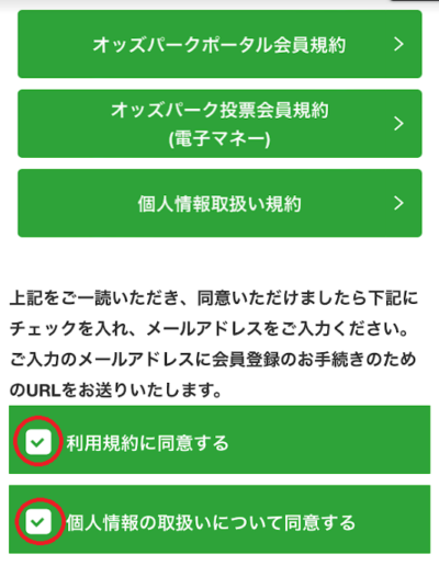 「利用規約に同意する」と「個人情報の取扱いについて同意する」の2点にチェック