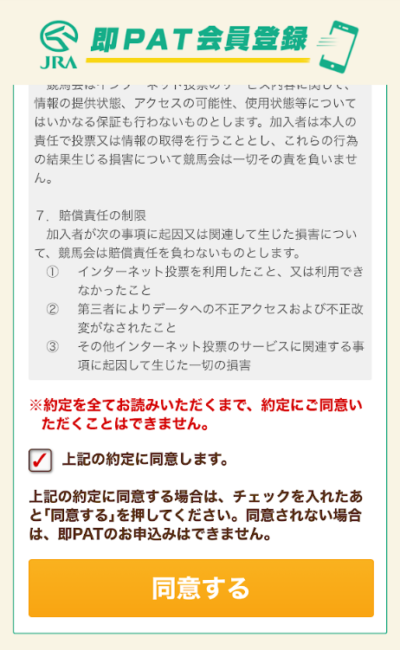 「上記の約定に同意します。」にチェックを入れた上で、「同意する」をタップ